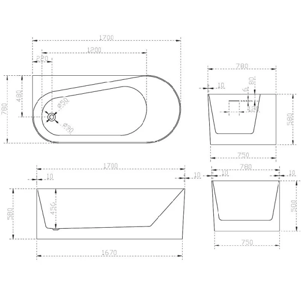 Акриловая ванна Abber 170х78 см левосторонняя AB9496-1.7 L (детальная фотография), современныe, hi-tech