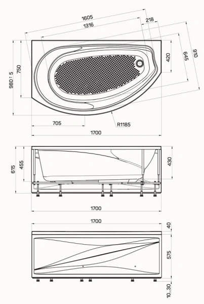 Ванна акриловая Poseidon Damelia 170 x 100 см, белая, левая/правая 01дам1710л (детальная фотография), акриловые