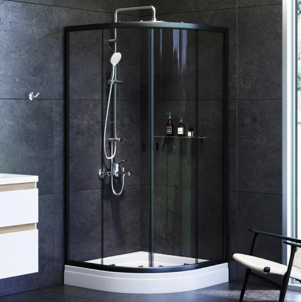 Душевой уголок Am.Pm X-Joy 90x90 см с поддоном, черный профиль W88E-205-090BT64 (детальная фотография), современные, hi-tech