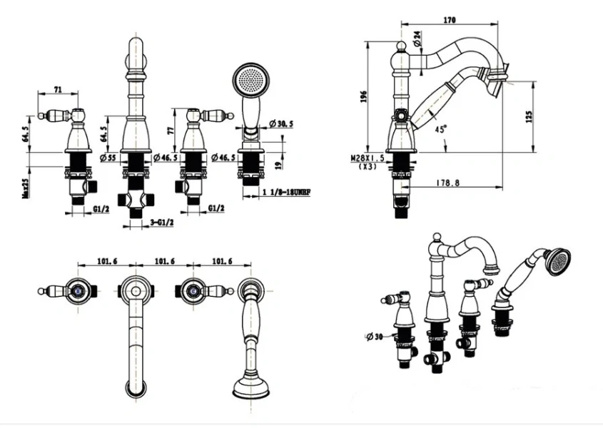 Смеситель для ванны Boheme Camelia врезной (детальная фотография), для ванны