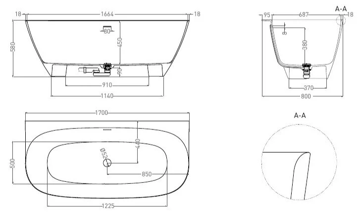 Ванна из искусственного камня Salini Sofia Wall 170x80 см белая матовая 102522M (детальная фотография), литьевой мрамор