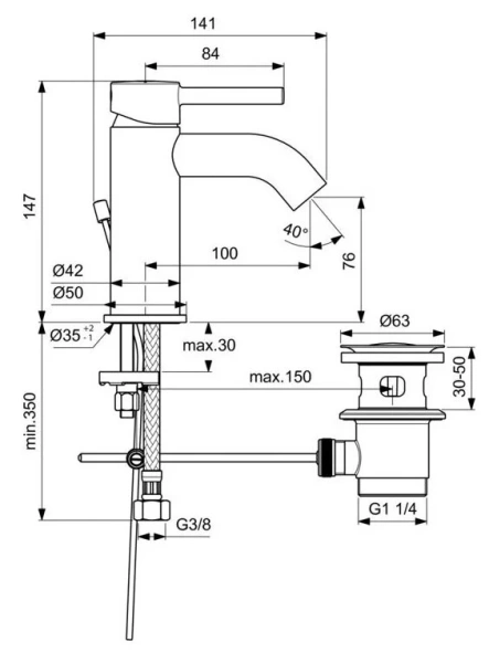 Смеситель для раковины Ideal Standard Ceraline с донным клапаном BC822AA (детальная фотография), для раковины