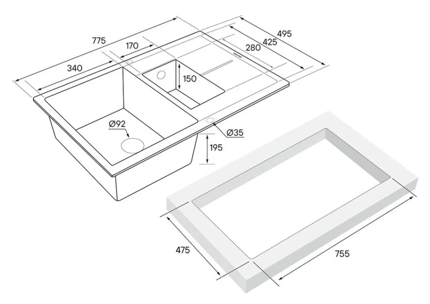 Мойка для кухни Paulmark Feste PM237850 77 см из кварцевого композита (детальная фотография), врезные