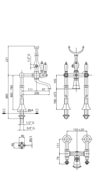 Смеситель для ванны Cezares First золото 24 карат ручки металл FIRST-VDP-03/24-M (детальная фотография), для ванны