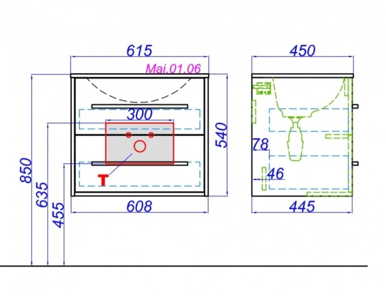 Тумба с раковиной подвесная Aqwella La Майами Mai.01.06 60 см с двумя ящиками (детальная фотография), современная, hi-tech