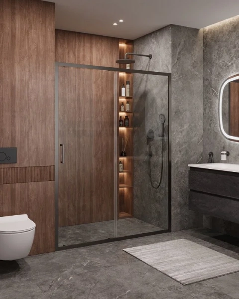 Душевая дверь в нишу Cezares Molveno 140 см стекло прозрачное профиль оружейная сталь MOLVENO-BF-1-140-C-GM-IV (детальная фотография), 140 см