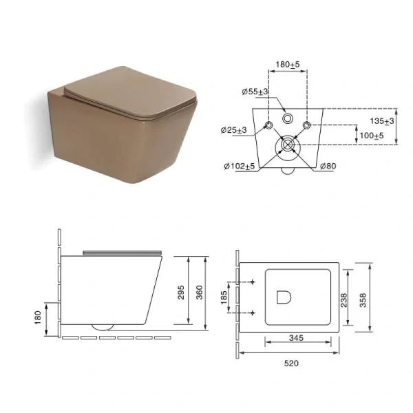 Унитаз подвесной SantiLine светло-коричневый SL-5007KH (детальная фотография), подвесные, встраиваемые