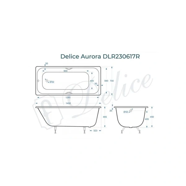 Ванна чугунная Delice Aurora 140x70 с отверстиями под ручки DLR230617R (детальная фотография), чугунные