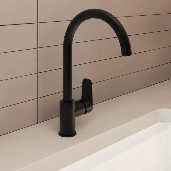 Смеситель для кухни VitrA Flow Soft черный матовый A4341936EXP (детальная фотография), с поворотным изливом, с коротким изливом
