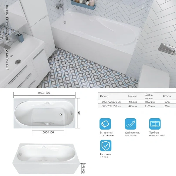 Ванна акриловая 1MarKa Vita 01вит1670кс2+, 160 x 70 см, цвет белый (детальная фотография), современныe, hi-tech