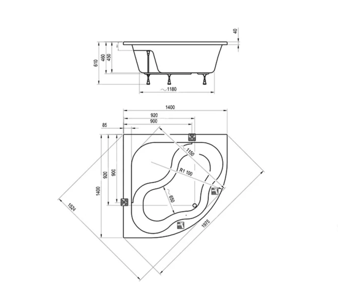 Ванна акриловая Ravak Gentiana 140 (детальная фотография), с гидромассажем, без гидромассажа, недорогие, с ручками, маленькие