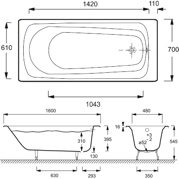 Ванна чугунная Jacob Delafon Melodie E2932-00, 160 x 70 см, белая, ножки и слив-перелив в подарок (детальная фотография), чугунные