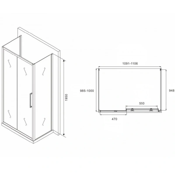 Душевой уголок Abber Schwarzer Diamant 110x100 см профиль хром, стекло прозрачное AG30110H-S100-S100 (детальная фотография), прямоугольные