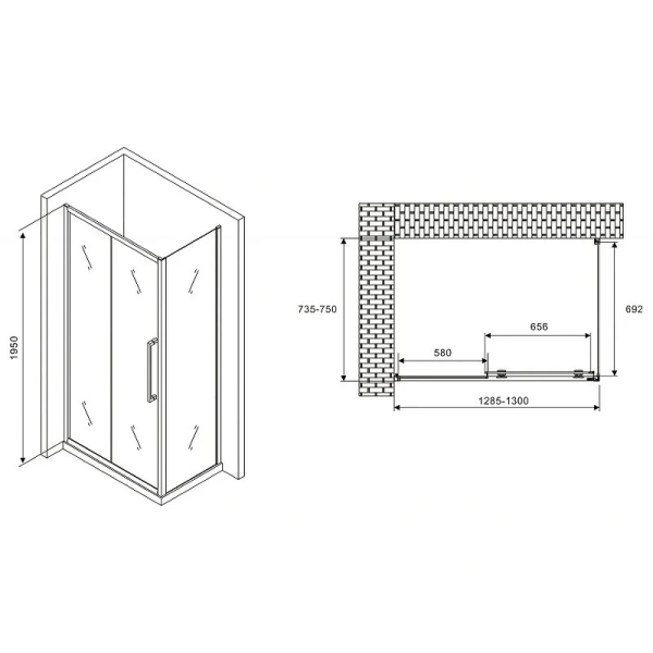 Душевой уголок Abber Schwarzer Diamant 130х75 см профиль хром, стекло прозрачное AG30130H-S75 (детальная фотография), прямоугольные