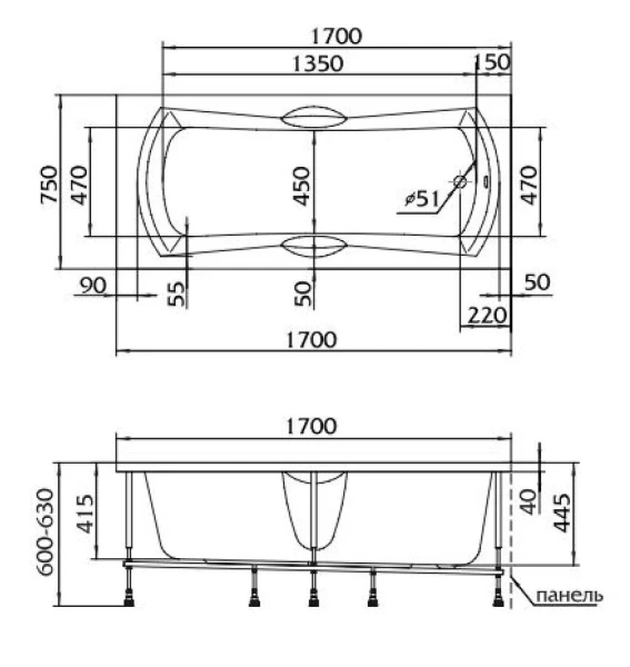 Ванна акриловая 1Marka Agora 01аго1775 170 x 75 см, белая (детальная фотография), акриловые