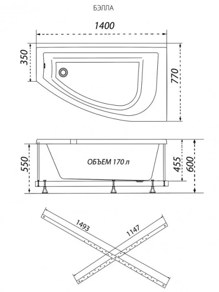 Ванна акриловая Triton OMP Бэлла-левая/правая Экстра Н0000020161/Н0000020162, 140 x 77 см, белая (детальная фотография), акриловые