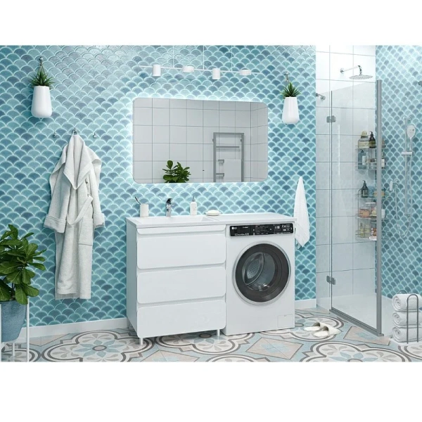 Тумба под раковину напольная Misty Чегет 70 см белая П-Чег-01070-01Н3Я (детальная фотография), моноблок, для стиральной машины