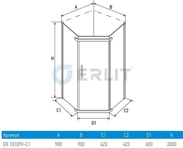Душевой уголок Erlit Comfort 88х88 см пятиугольная ER10109V-C1 (детальная фотография), недорогие, стеклянные, угловые, без поддона