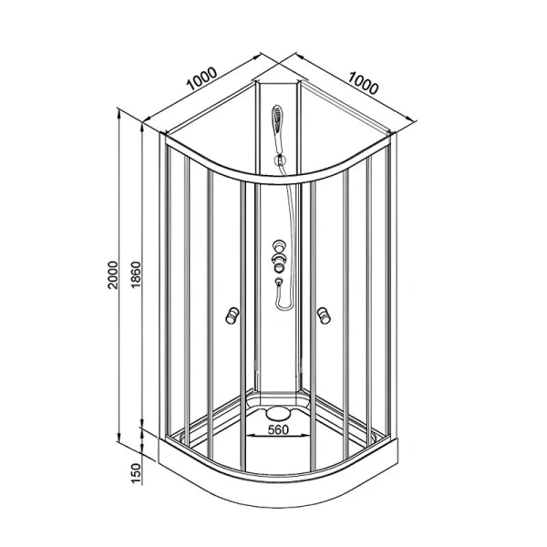 Душевая кабина Deto LM 100x100 см без крыши LM901N (детальная фотография), полукруглые, четверть круга