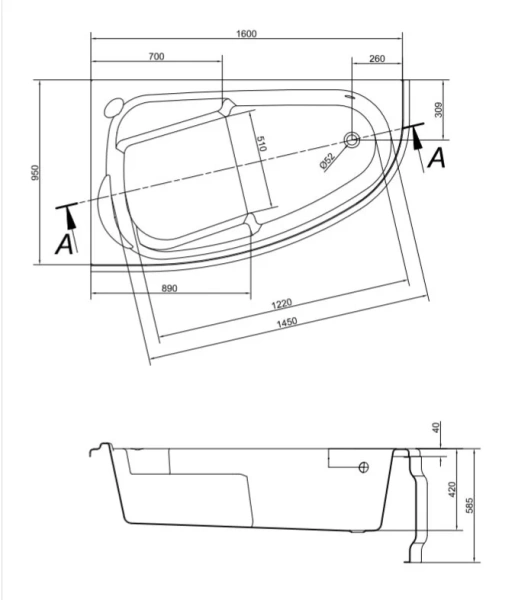 Ванна акриловая Cersanit Joanna 160x95 см левая/правая асимметричная белая 63338 (детальная фотография), акриловые