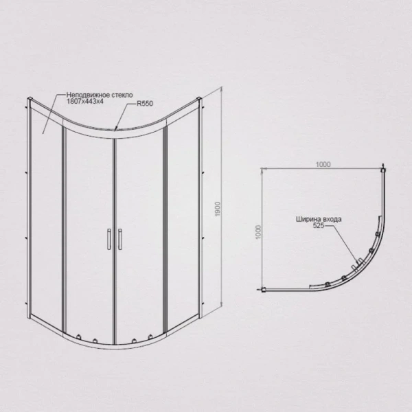  Душевой уголок Am.Pm Gem 100х100 см профиль матовое серебро W90G-401-100WT (детальная фотография), полукруглые, четверть круга