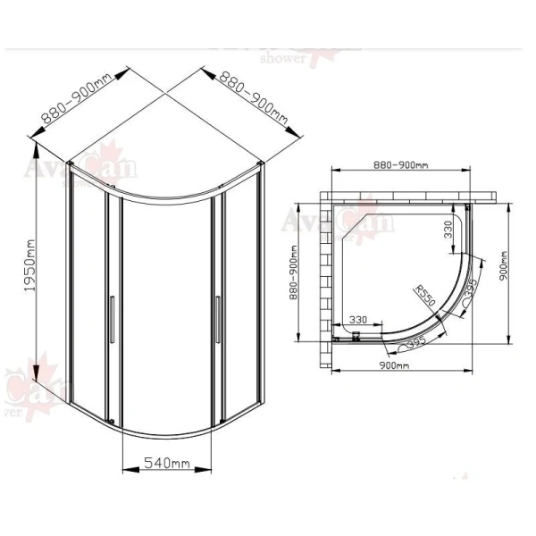 Душевой уголок Deto HB 90x90 см профиль хром HC90 (детальная фотография), полукруглые, четверть круга