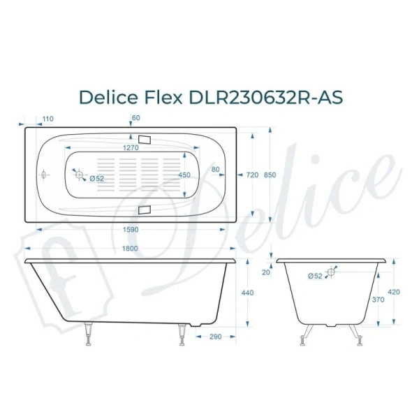 Ванна чугунная Delice Flex DLR230632R-AS, 180 х 85 см, антискользящее покрытие, с отверстиями под ручки, без ручек, цвет белый (детальная фотография), чугунные
