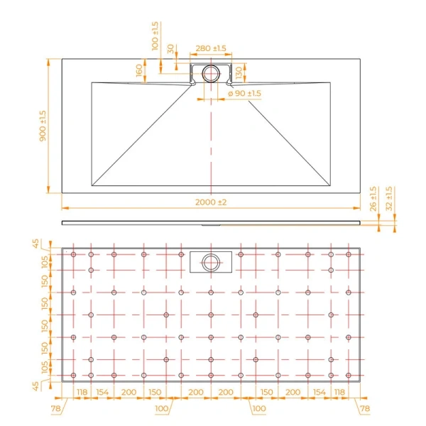 Душевой поддон RGW TKS 553802920 200x90 см прямоугольный (детальная фотография), низкие до 15 см