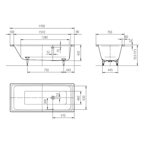 Ванна с водоотталкивающим и противоскользящим покрытием  antislip Kaldewei Ambiente 256630003001 (детальная фотография), глубокие