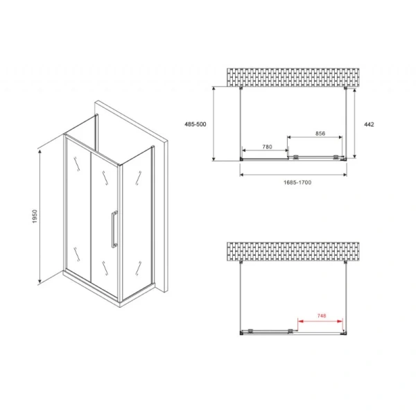 Душевой уголок Abber Schwarzer Diamant 170x50 см профиль черный, стекло прозрачное AG30170BH-S50B-S50B (детальная фотография), прямоугольные