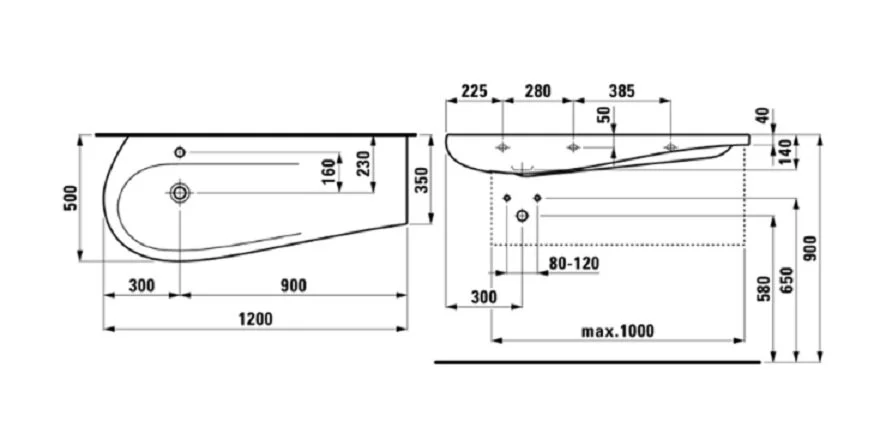 Раковина подвесная Laufen Ilbagnoalessi One 120 см полочка справа 8.1497.3.400.104.1 (детальная фотография), современные, hi-tech