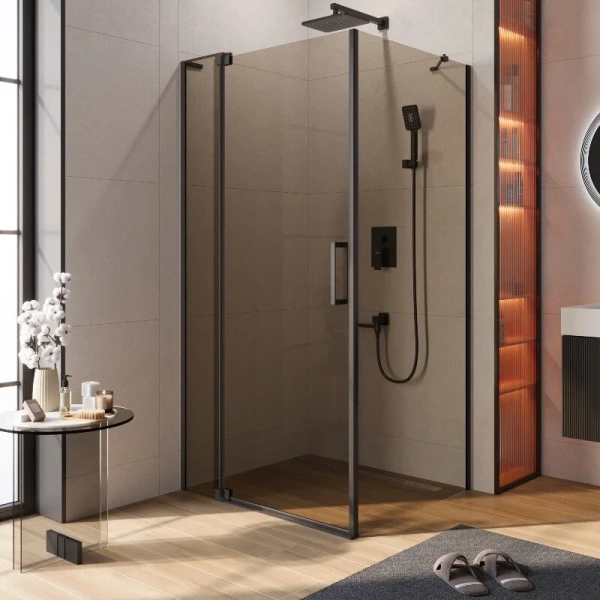 Душевой уголок Cezares Slider 100х90 см стекло бронзовое, профиль черный SLIDER-AH-1-90-90/100-BR-NERO (детальная фотография)