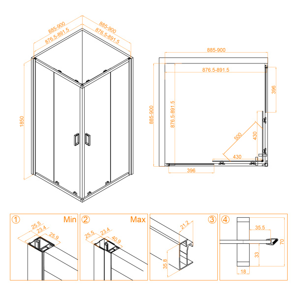 Схема (детальная фотография), недорогие, стеклянные, угловые, без поддона