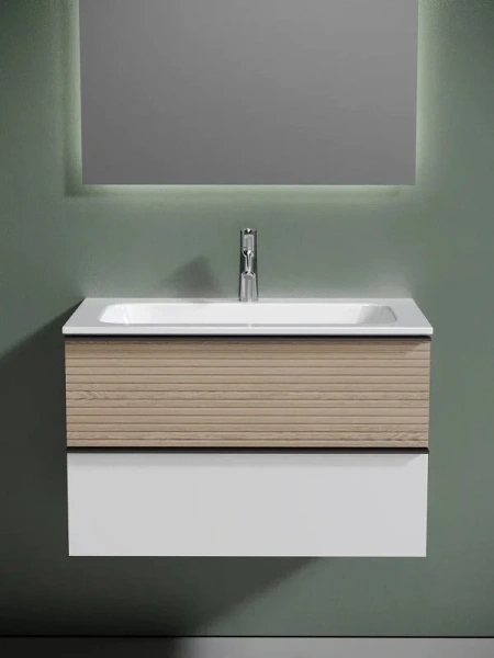 Тумба под раковину подвесная Sancos Delta 80 см дуб светлый/белая DL80W (детальная фотография), окрашенные, под дерево