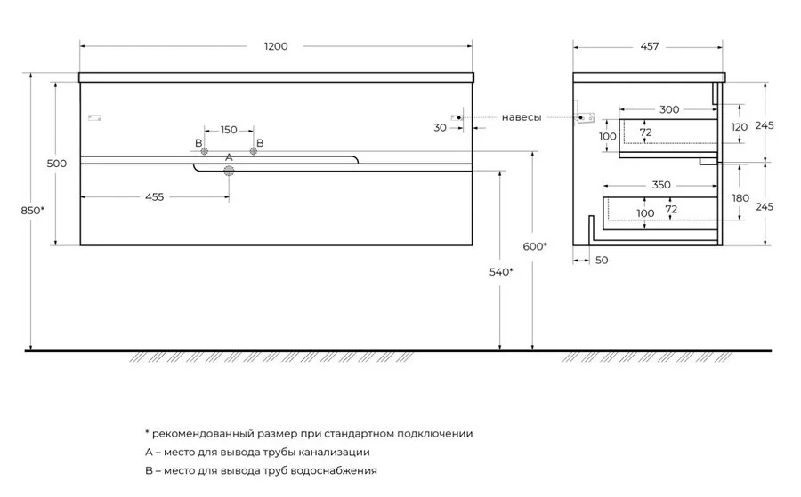 Тумба под раковину подвесная Cezares Duet 120 см правосторонняя DUET-N-1200-2C-SO-BL-R (детальная фотография), современная, hi-tech