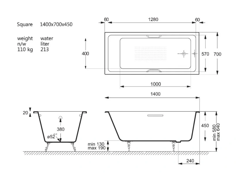 Чугунная ванна Vinsent Veron Square VSQ1407045H/VH0012BL-AS, 140 x 70 см, с антискользящим покрытием, ручки черные матовые, цвет белый (детальная фотография), чугунные