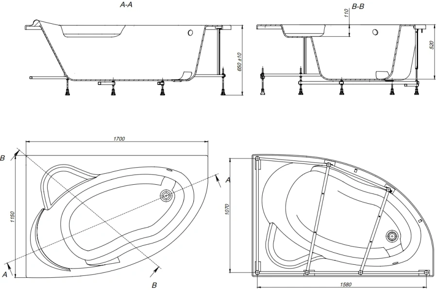 Ванна акриловая Roca Luna 170x115 см левая 248640000 (детальная фотография), без гидромассажа, недорогие, большие
