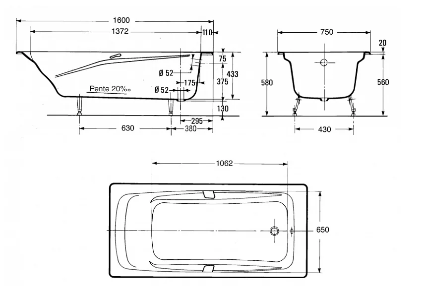 Ванна чугунная Jacob Delafon Repos 160х75 см белая, с отверстиями под ручки E2929-00 (детальная фотография), чугунные
