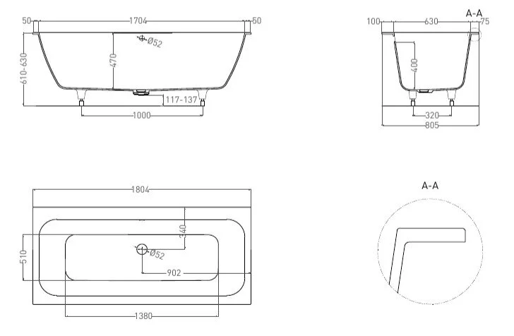 Ванна из искусственного камня Salini Orlanda Axis 180x80 см встраиваемая, белый матовый 103212M (детальная фотография), искусственный камень