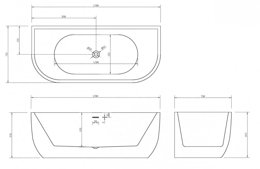 Акриловая ванна Abber 170х75 см приставная AB9316 (детальная фотография), полукруглые