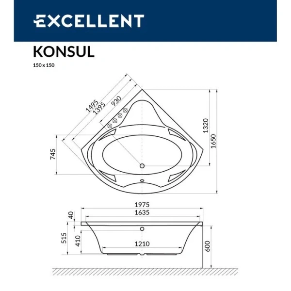 Ванна гидромассажная Excellent Konsul Smart 150 x 150 см, белый/золото, WAEX.KON15.SMART.GL (детальная фотография), акриловые