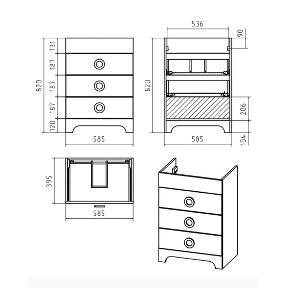Тумба с раковиной напольная Misty Лейла 60 см с ящиками (детальная фотография), в наличии