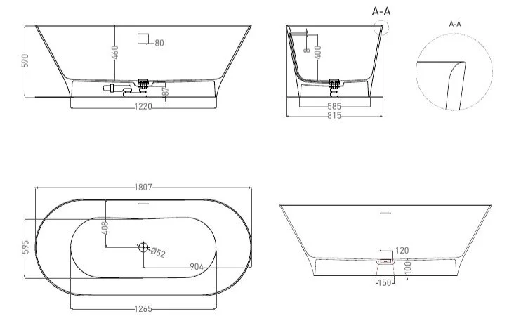Ванна из искусственного камня Salini Mona 102911 180x80 см глянцевая (детальная фотография), литьевой мрамор