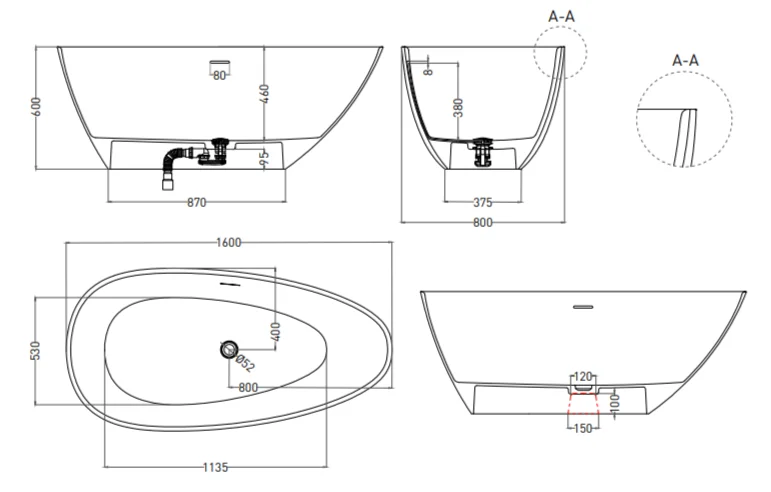 Ванна из искусственного камня Salini Paola 160х80 см белая 1015103G (детальная фотография), искусственный камень