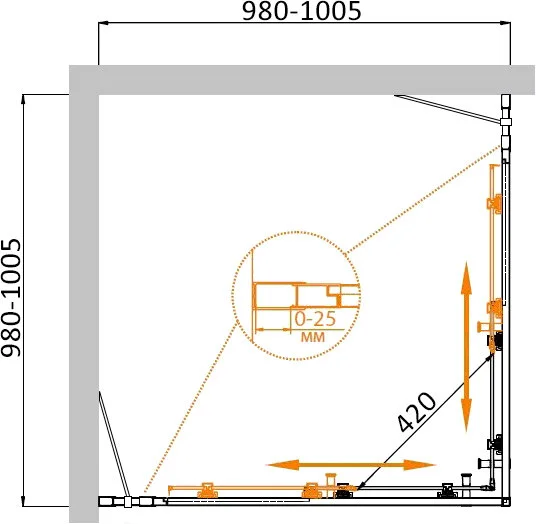 Душевой уголок Cezares Molveno 100х100 см прозрачное стекло MOLVENO-A-22-80+20-C-Cr-IV (детальная фотография), квадратные