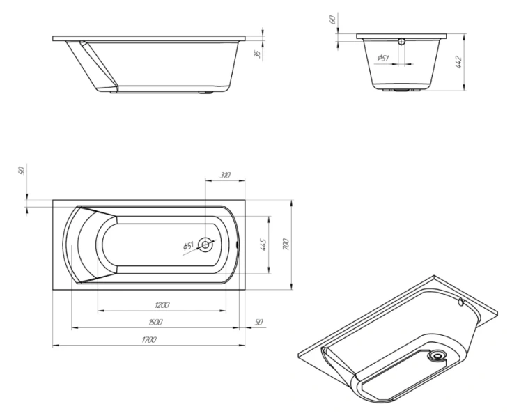 Акриловая ванна Eurolux Miamika E1017070031, 170 x 70 см, белая (детальная фотография), акриловые