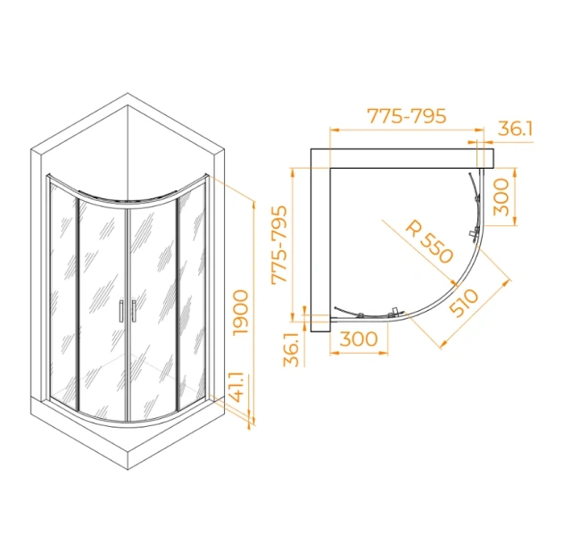 Душевой уголок RGW Passage PA-51 02085188-1 80х80 см четверть круга (детальная фотография), полукруглые, четверть круга