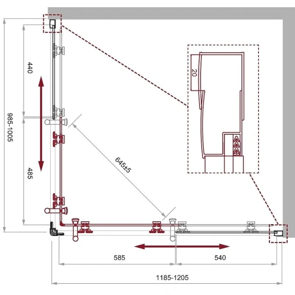 Душевой уголок BelBagno Uno-195 120х100 см стекло шиншилла UNO-195-AH-2-120/100-CH-CR (детальная фотография), прямоугольные