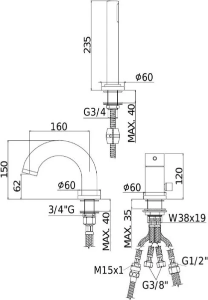 Смеситель на борт ванны Paffoni Light на 3 отверстия с душем, хром LIG040LCR (детальная фотография), для ванны