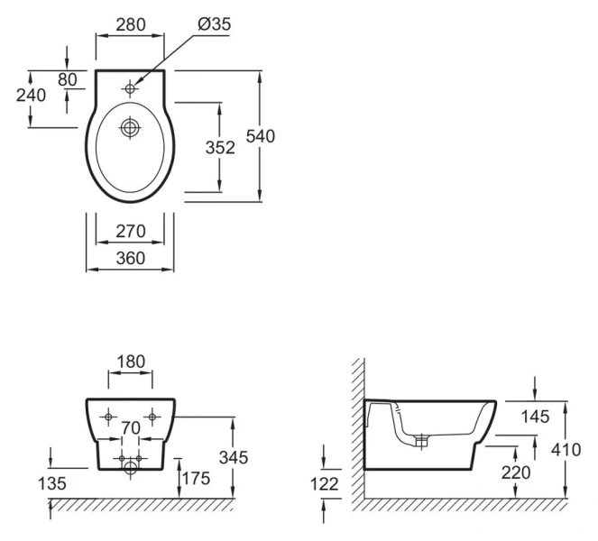Биде подвесное Jacob Delafon Ove горизонтальный выпуск E1586-00 (детальная фотография), современные, hi-tech